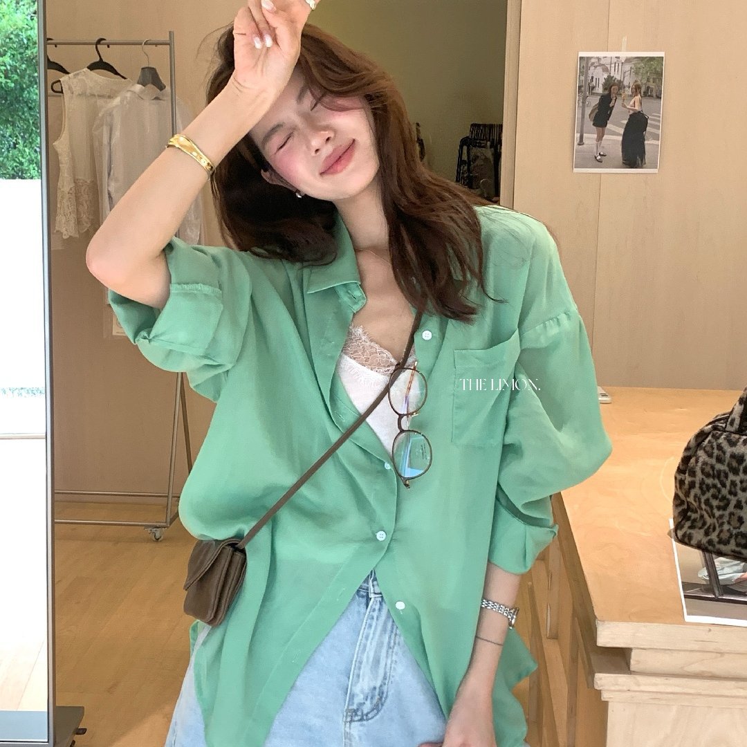 Áo sơ mi nữ tay dài chất liệu tencel phong cách lười biếng ấm áp — Vàng nhạt, xanh lam, Xanh lá cây nhạtcolor, màu hồng