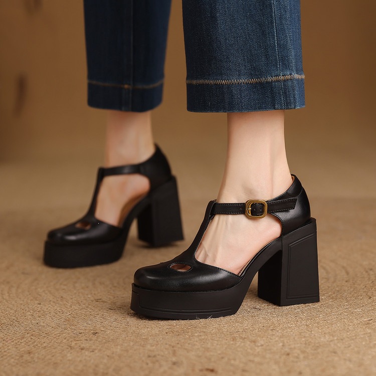Sandal nữ đế xuồng platform gót vuông phong cách vintage khóa kim loại — màu nâu, màu đen chi tiết 38