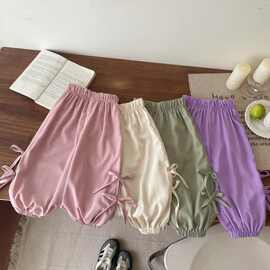 女童夏季裤子蝴蝶结中小童灯笼裤小女孩儿童休闲纯色宽松防蚊长裤
