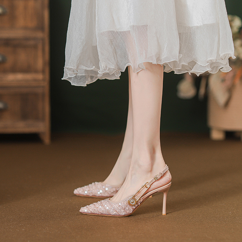 2025 New Autumn and Summer French Pointed Toe Pink Rhinestone Sequin Stiletto Pumps High Heels Fashion Shoes