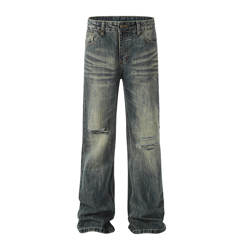 Unisex American Retro Cleanfit Washed Flared Ripped Jeans Straight Leg Slim Fit Street Style Wide Leg Pants_mkmklike.com