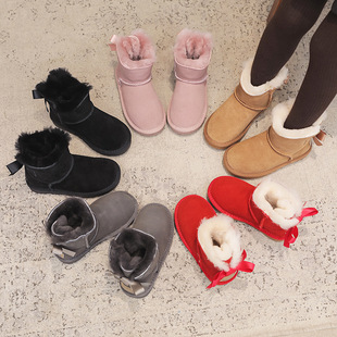 Factory Wholesale Fur Integrated Wool Children's Snow Boots Genuine Leather Cotton Shoes Bow-Knot Thickened Short Boots for Small and Medium-Sized Girls