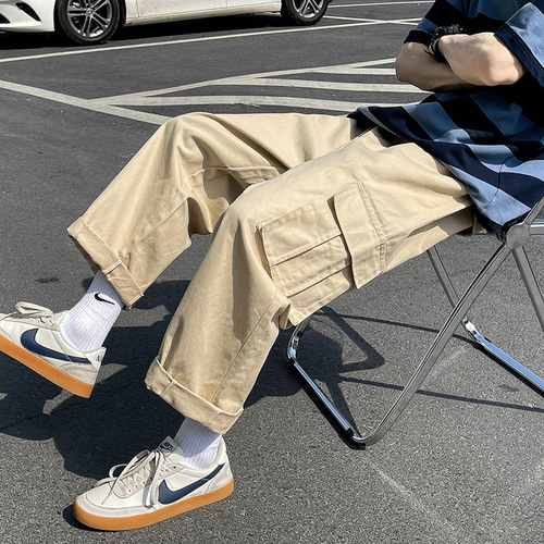 Men's Workwear Pants, Korean-Style Trendy Instagram-Approved Loose Straight-Leg Trousers, New Fashionable Techwear Multi-Pocket Casual Pants