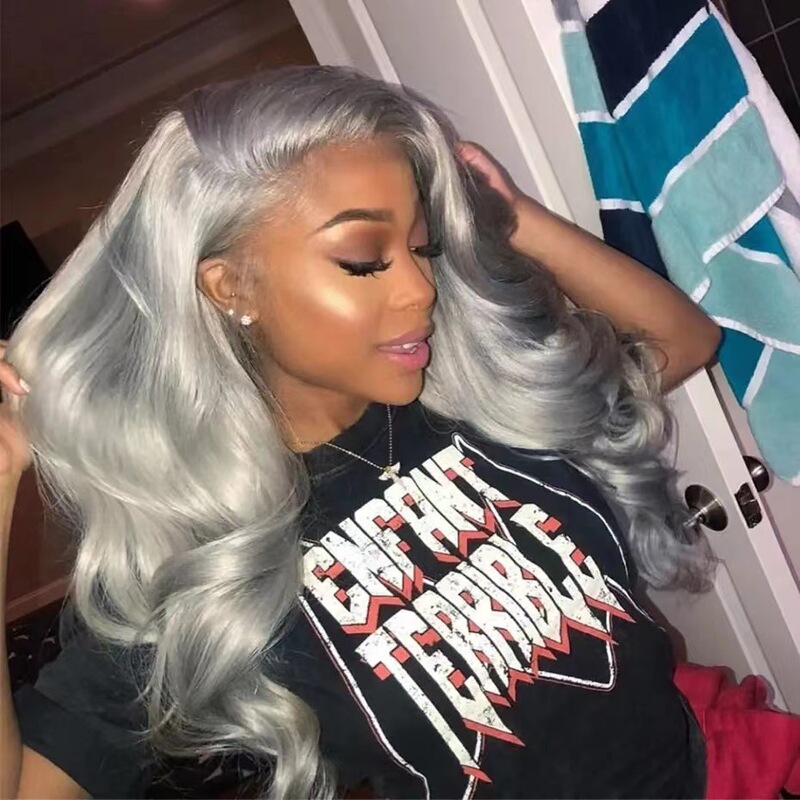 European and American hot AliExpress front lace wig African new long curly lace big wave silver gray wig