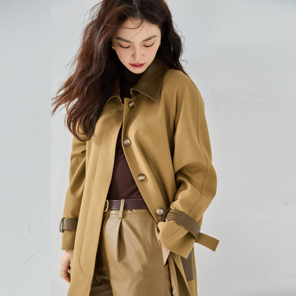 23 autumn new patchwork fabric casual drape fine imitation texture twill wool raglan sleeves medium length trench coat 23027