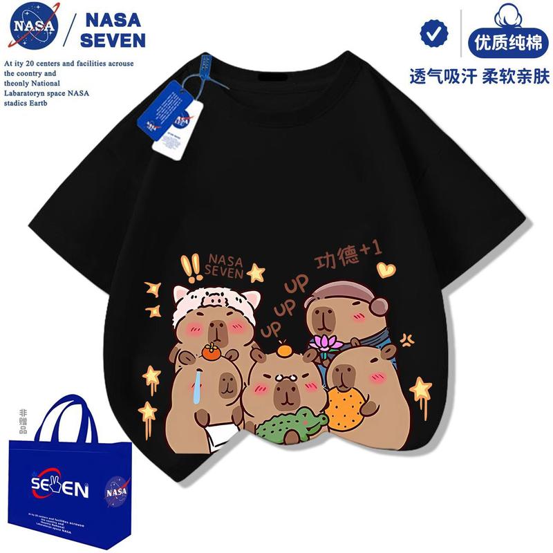 NASA卡皮巴拉纯棉T恤儿童洋气2025夏季新款水豚君短袖男女童上衣|undefined