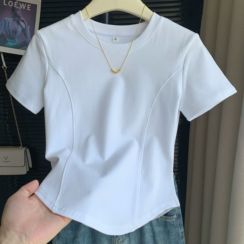 White Short-Sleeved T-Shirt for Women in Summer, New Fashionable and Stylish Asymmetrical Fishbone Design Short Top