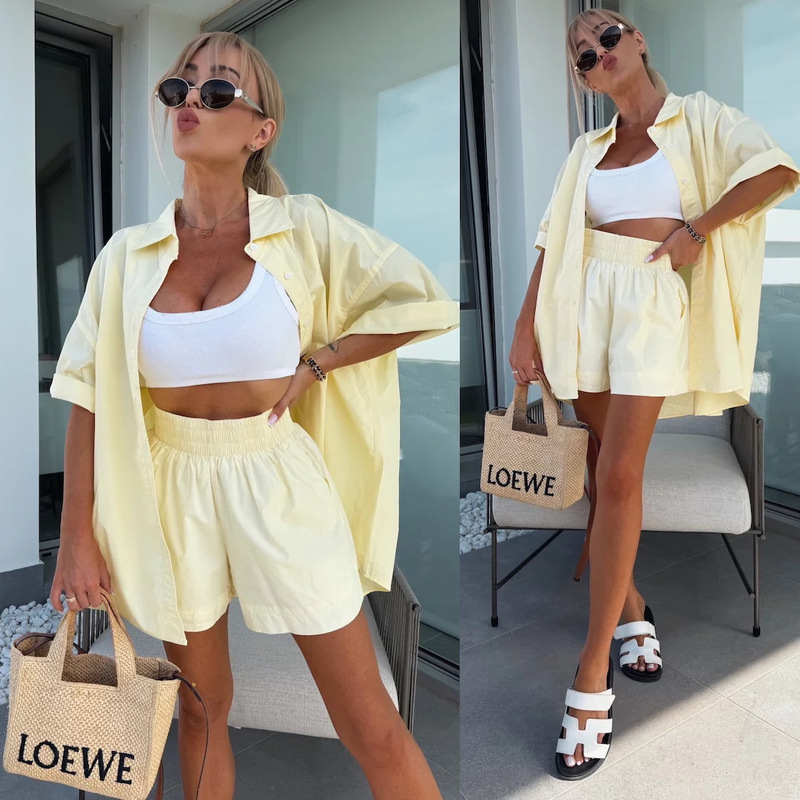 European and American New Style 2026 Spring and Summer Casual Women's Suit Solid Color Short-Sleeved Shirt Elastic Sports Shorts Two-Piece Set