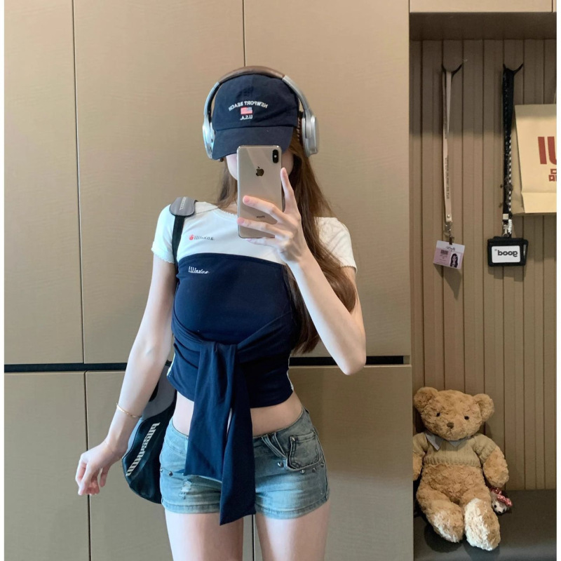 Chocolate Girl Hot Girl Contrast Color Design Strap Round Neck Short Sleeve T-Shirt Women's Spring Sexy Slim Fit Top