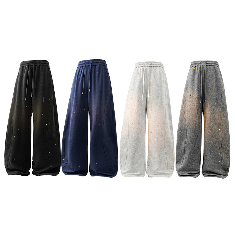 2025 Autumn New Loose Trendy Rhinestone Design Draped Black Sweatpants Men's Casual Slimming Straight Pants