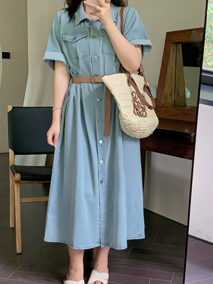 Футболка-платье из денима, дизайнер washed denim, больший размер (70% хлопок, 30% эластан), съемный пояс