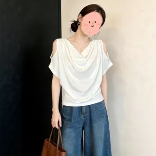 法式露肩荡领短袖t恤女夏季大码胖mm韩系宽松气质设计感上衣300斤