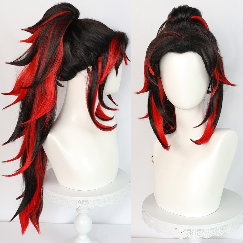 Demon Slayer: Kimetsu No Yaiba/Jikkyou Yuichi Cosplay Wig Black and Red Gradient Ponytail Cross-Border Ready Stock
