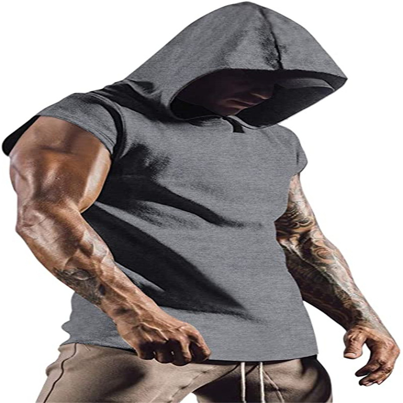 Men's Clothing outdoor sports men's hooded sleeveless fashion hip hop youth muscle fitness vest solid color jacket_voghion.com