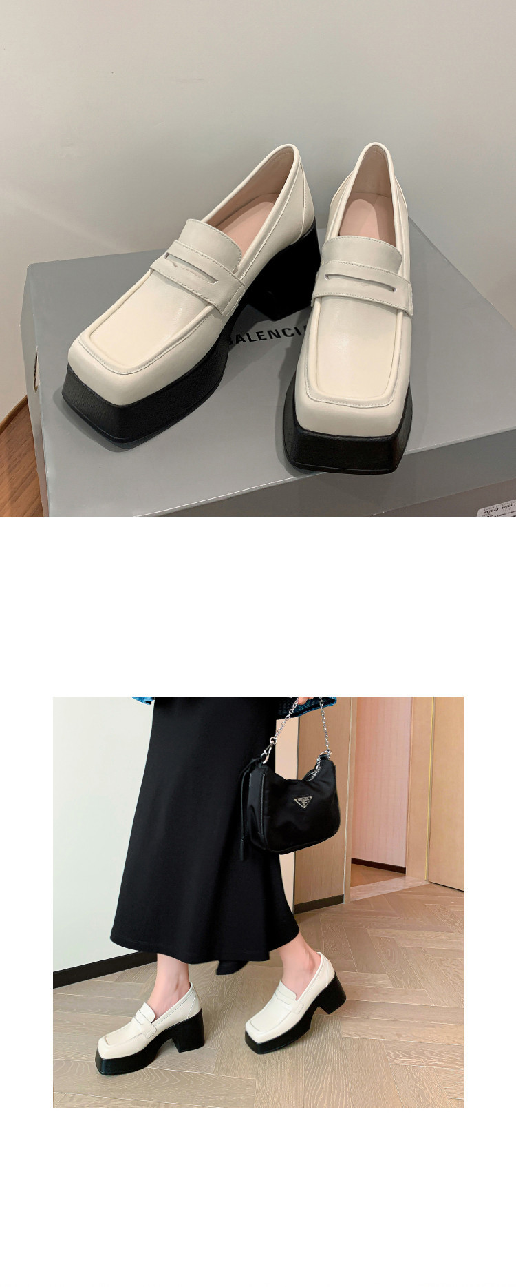 Giày loafer nữ đế xuồng cao gót phong cách Anh, mũi tròn, da thật, xỏ chân tiện lợi — màu đen chi tiết 7