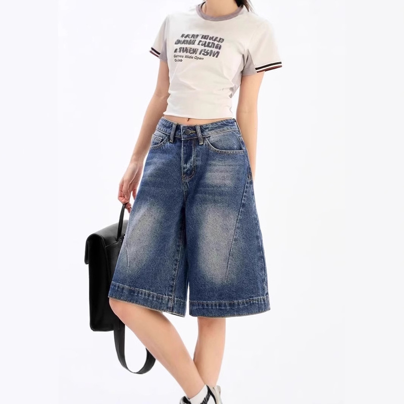 Hot Girl Retro American Style Denim Shorts Women's Summer New Loose Design Slim Straight 5-Point Pants
