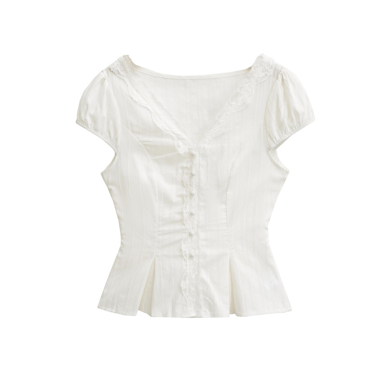 Wholesale Lace Shirt for Women 2025 Summer New Style French V Neck Slim Waist Short-Sleeved Shirt White Cotton