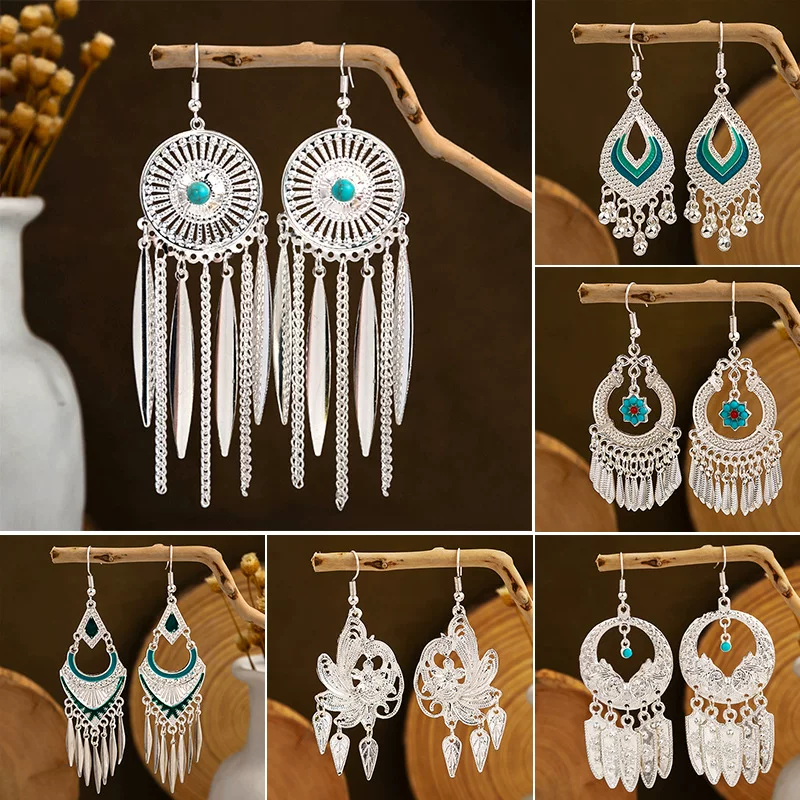 Ethnic long earrings with tassels, ethnic style