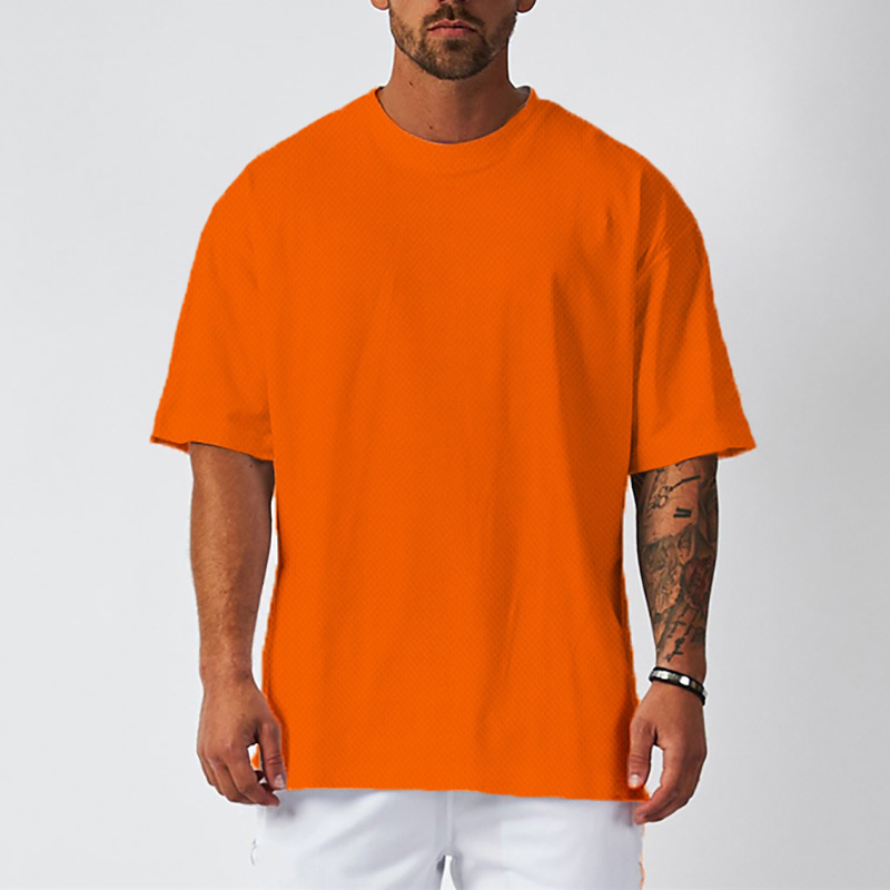 Oversized Plus Size Solid Color Shoulder Loose Bodybuilding Fitness Short-sleeved T-shirt Men's Mesh Half-sleeved Shirt