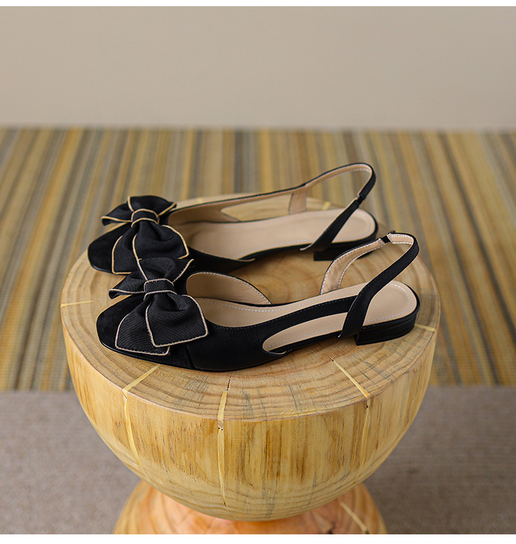 Sandal nữ bít mũi đế bệt phong cách cổ điển nơ phối màu — Màu đen chi tiết 19