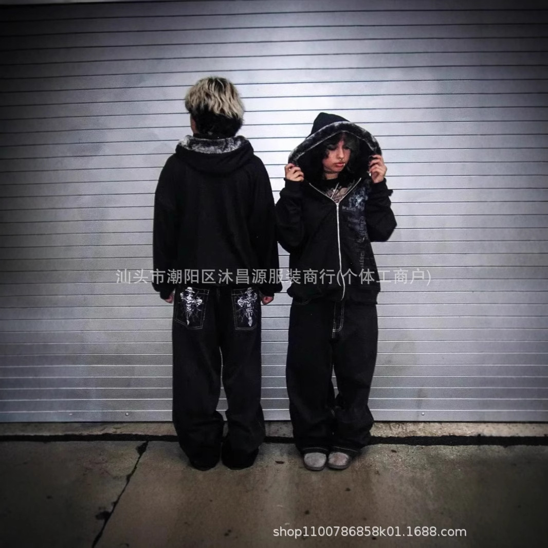 American Harajuku Style Skull Embroidered Jeans Retro Washed Straight Versatile Trendy Loose Trousers Spring and Autumn