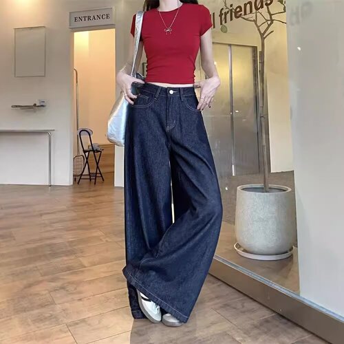 American high street washed denim wide-leg pants for women 2026 spring and autumn high-waist loose straight pants mopping pants trend