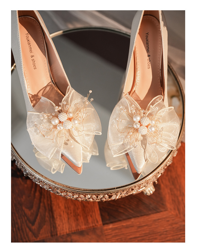 6222A-008 Chunky Heel Pointed Toe Satin Appliqué High Heels For Banquet Wedding Bridesmaid Shoes Comfortable Versatile_voghion.com