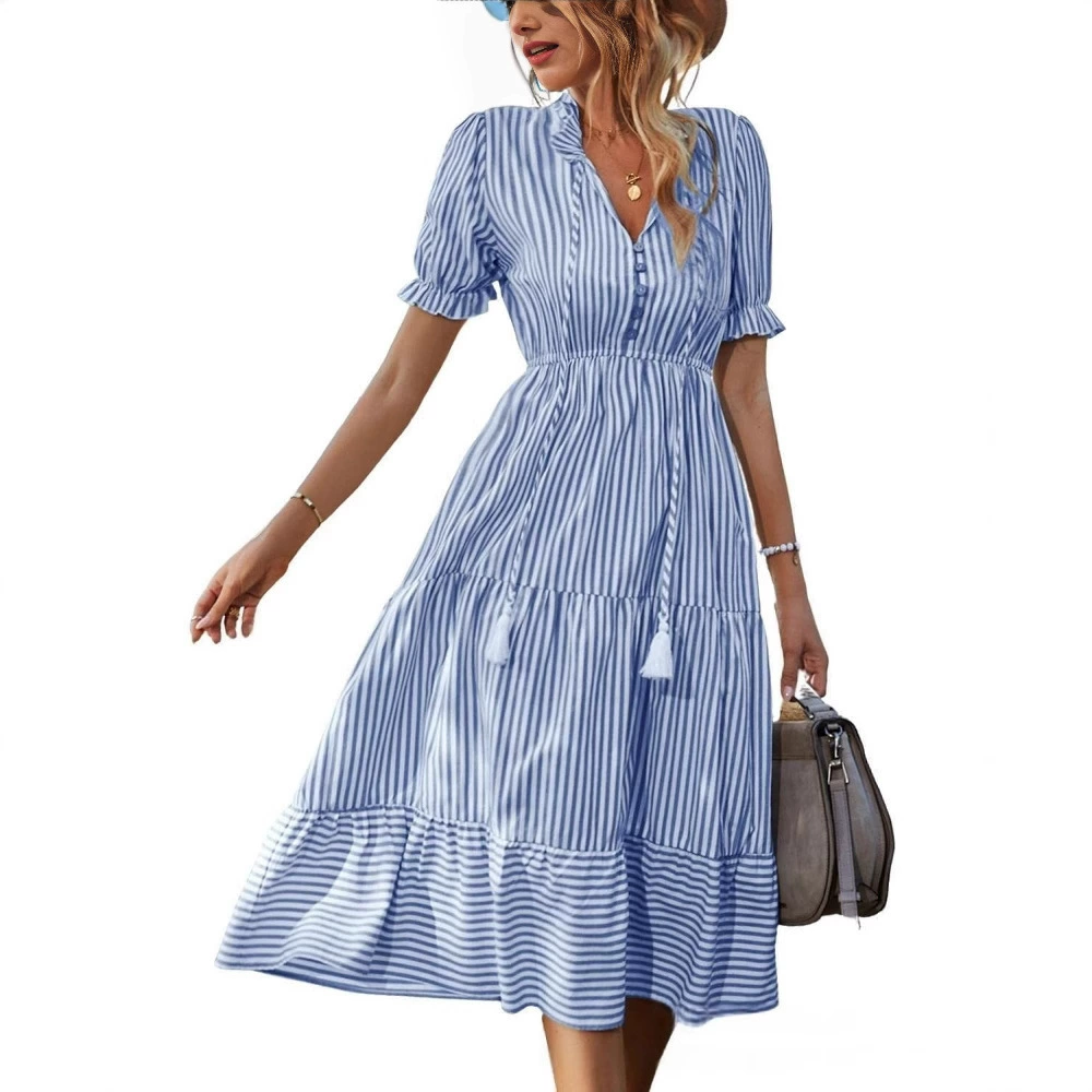 Трансграничная AliExpress 2025 Европейская и американская мода, летнее женское полосатое платье с короткими рукавами и v-образным вырезом, эластичная талия, женская одежда