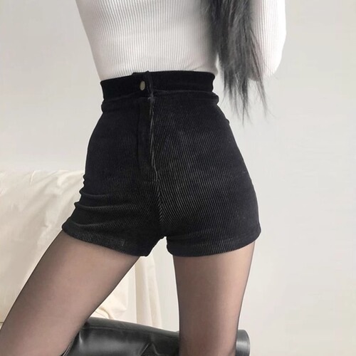 Black High-Waisted Corduroy Shorts for Women  Autumn/Winter New Tight Elastic Corduroy Casual Pants for Outerwear Boot