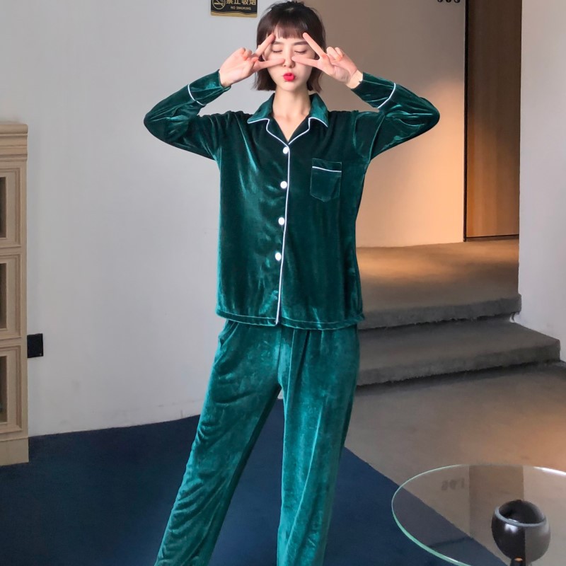 Oro de terciopelo pareja pijamas de las mujeres de estilo coreano de otoño y traje de invierno más tamaño de la boda de manga larga cardigan desgaste del hogar hombres