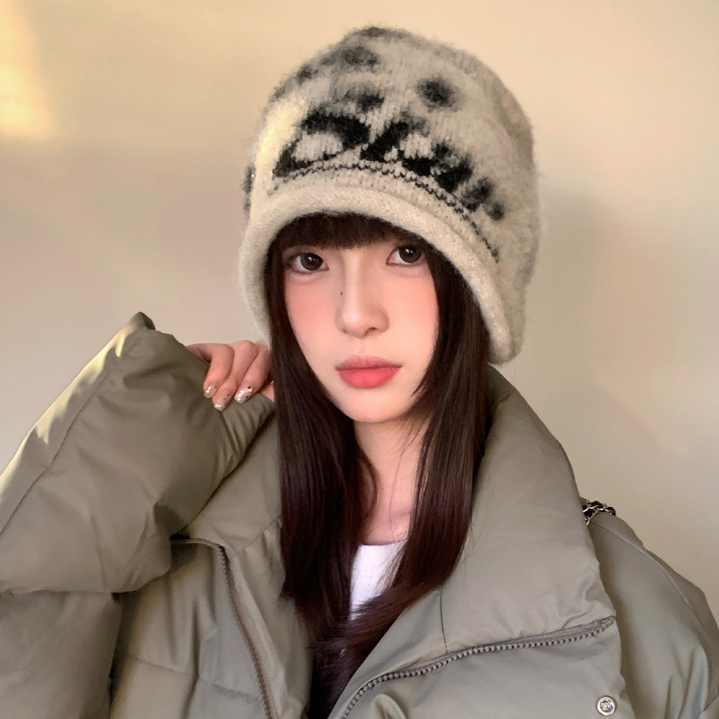 含羊毛卷边字母针织堆堆帽子女冬大头围显脸小护耳冷帽保暖毛线帽