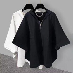 Zipper Hooded Short-sleeved T-shirt Men's and Women's Same Style Summer Japanese Fashion Brand Batwing Sleeve Solid Color Loose Handsome Top for Men