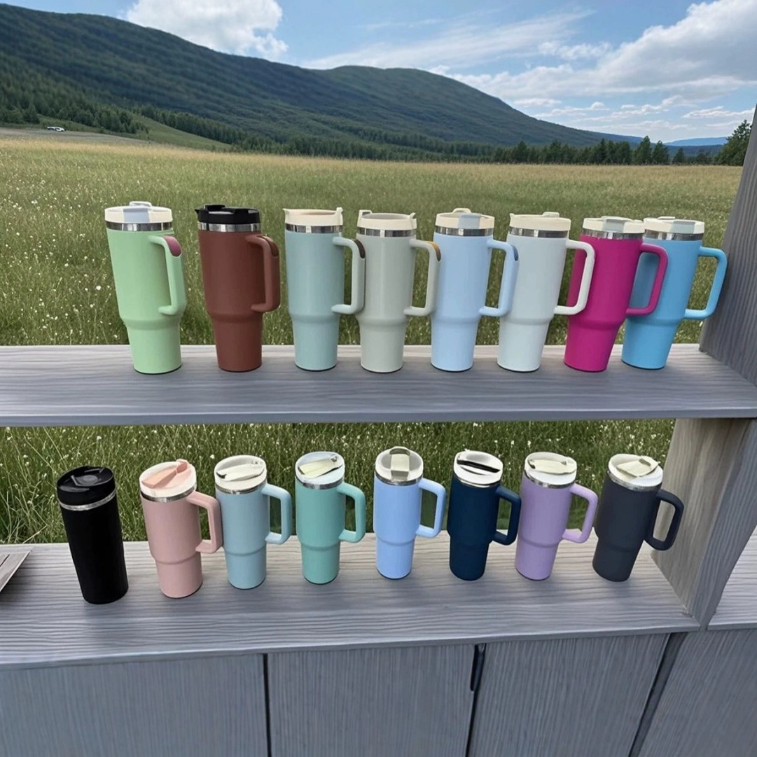 Vaso con asa de 40 oz, vaso para hielo, vaso de acero inoxidable 304 de doble capa al vacío, vaso portátil para automóvil con pajita, portátil para montar en el automóvil