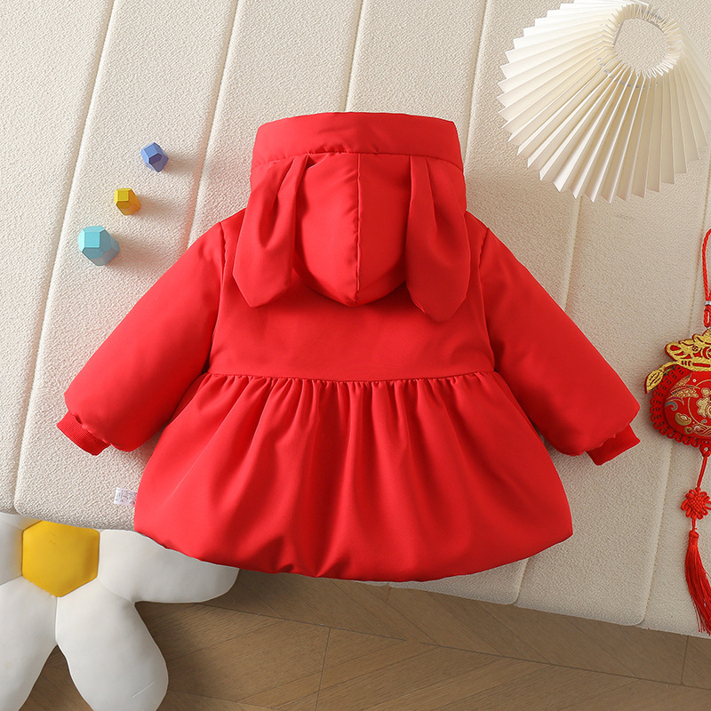 Invierno nuevo estilo niña princesa más algodón más terciopelo grueso cálido con capucha ropa de Año Nuevo estilo extranjero estilo nacional oreja de conejo chaqueta de algodón