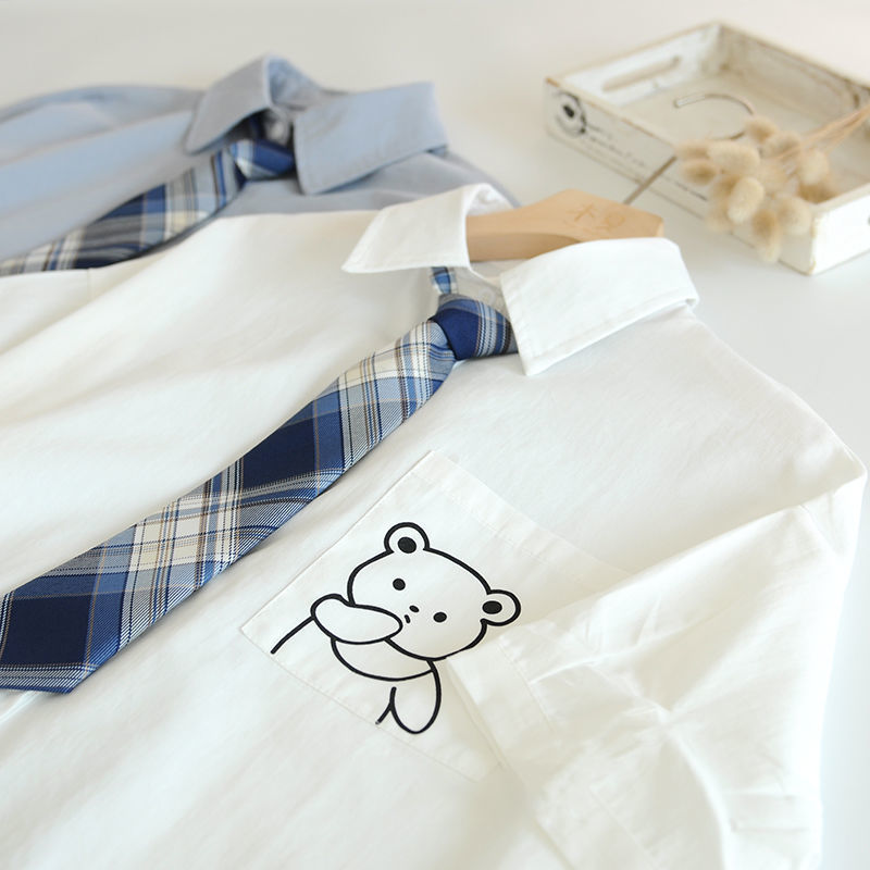 Short-sleeved ~ Cute Mouth-covered Bear White Loose Shirt Academy Style Harajuku Girl Tie Age-reducing Shirt Women