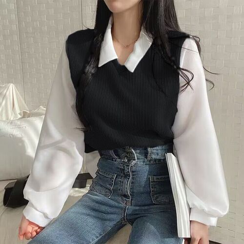 Large size fat mm fake two-piece T-shirt for women with spliced ​​POLO collar long-sleeved sweatshirt threaded loose versatile top
