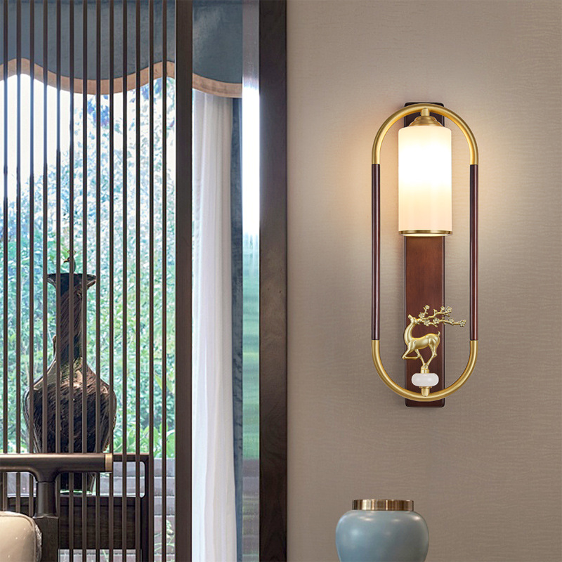 Nueva lámpara de pared de fondo de estilo chino para la sala de estar Zen estilo chino lámpara de pared de madera sólida de cobre hotel dormitorio lámpara de cabezal de cama 667L