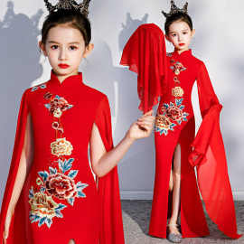 儿童晚礼服2026春新款走秀中国风红色演出服轻奢鱼尾裙女童古筝服