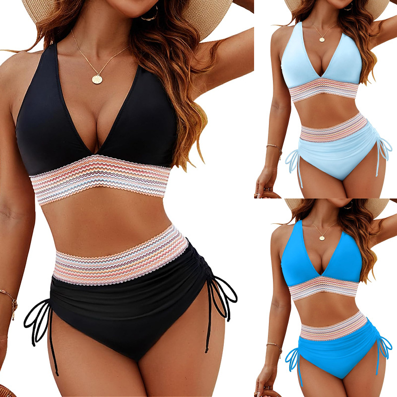 2024 damas bikini de cintura alta split set V-collar cordón bikini reuniendo trajes de baño Amazon