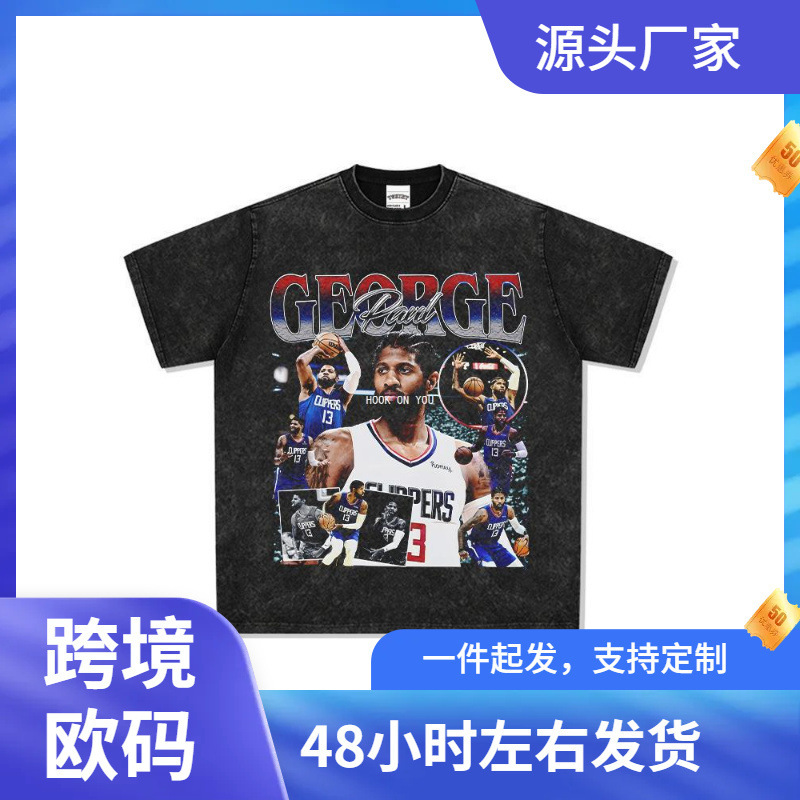 European and American Retro Clippers Paul George Paul George Printed Long Short Sleeve T-Shirt vintage Washed Ins