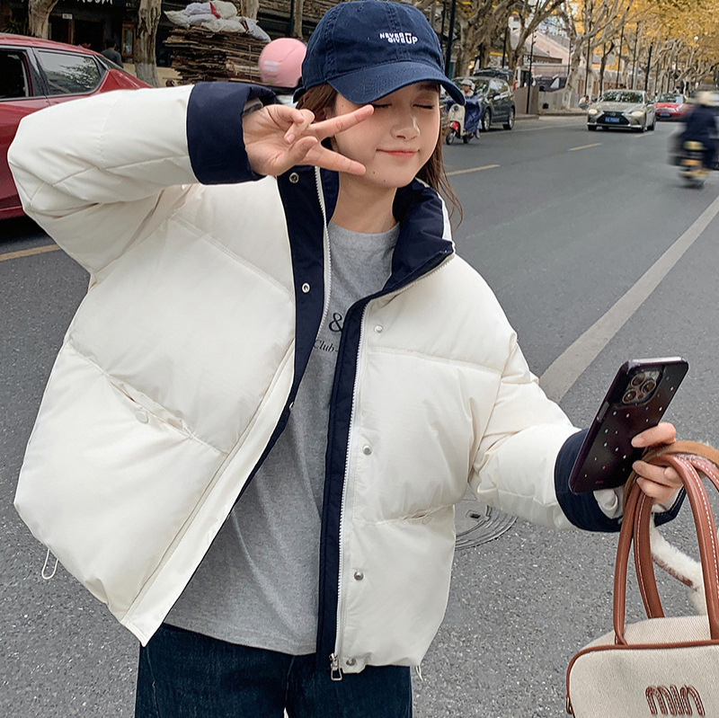 欧货立领撞色拼接棉服女短款冬季2025新款小个子宽松时尚面包外套|undefined