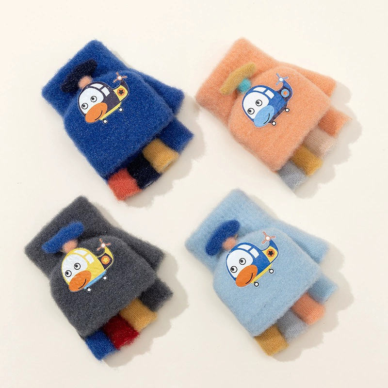 Knitted flip‑top children’s fingerless gloves, cartoon print, ages 3–5, lightweight
