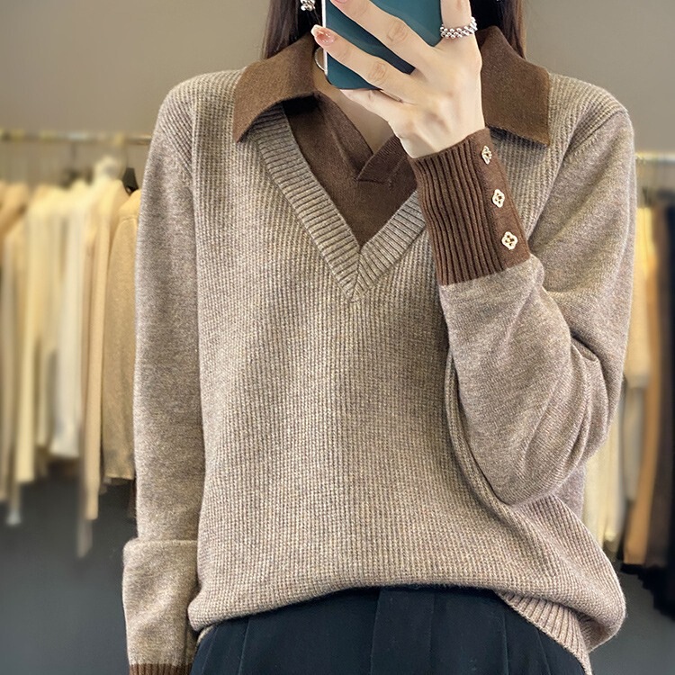 Autumn and winter new Maillard with wool blend fake two-piece shirt collar sweater lapel pullover sweater top