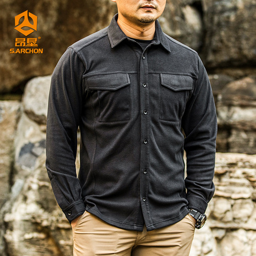 Men's Outdoor Tactical Fleece Lined Long Sleeve Shirt, Heavy Duty Crew Neck Insulated Shirt, Warm Fleece Sweatshirt, Spring and Autumn Inner Layer Shirt