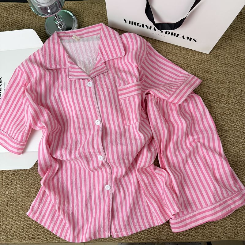 Coreano simple color contraste rayas pijama mujer 2026 nuevo verano relajado pantalones cortos de mangas cortas ropa para el hogar dos piezas conjunto