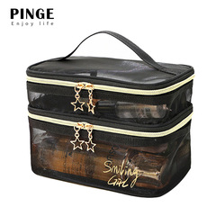 Cross-border new large-capacity mesh cosmetic bag transparent double-layer mesh storage bag portable outdoor travel toiletry bag