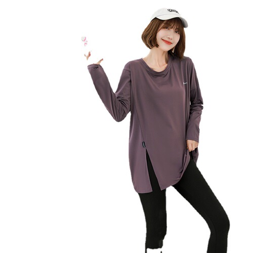 Women's outdoor yoga tops, solid color, sporty, long sleeve, loose, oversized, plus size, round neck - wholesale