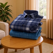 25秋冬新款加绒加厚格子衬衫男装中老年跨境电商大码保暖长袖衬衣