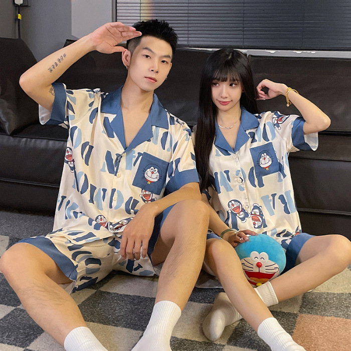 2025 nuevo pijama de pareja de verano de seda de hielo de manga corta para estudiantes lindos ropa de casa de hombre de seda