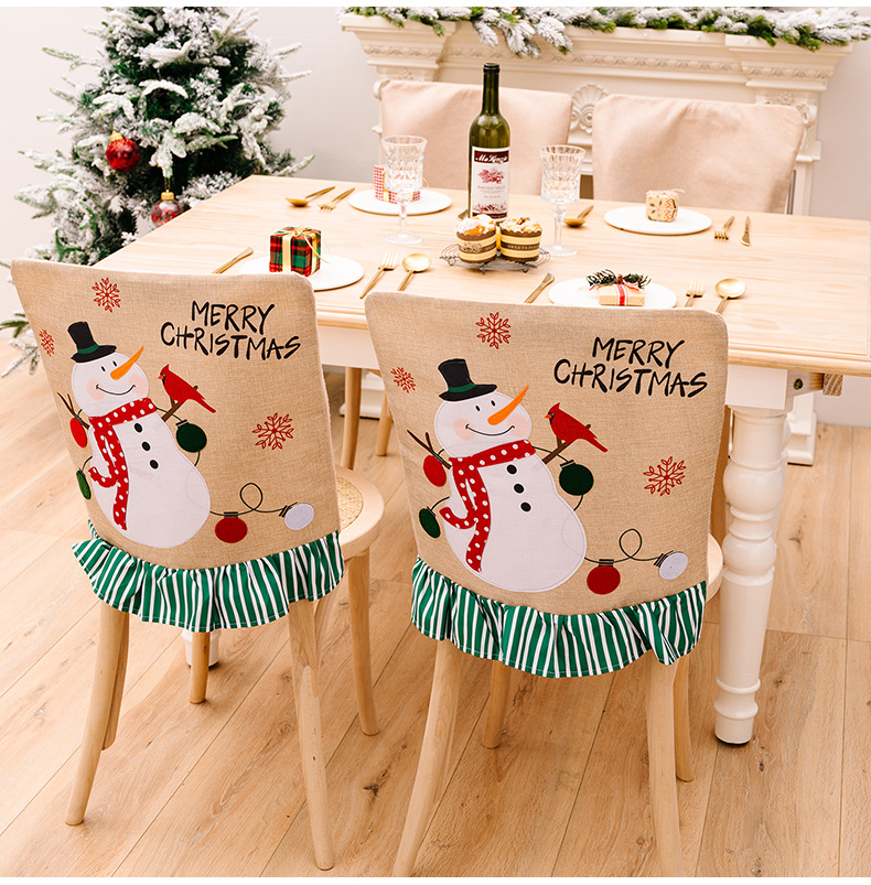 Χριστουγεννιάτικα στολίδια Γελοιογραφία δημιουργικό κάλυμμα καρέκλας Άγιου Βασίλη Κάλυμμα καρέκλας χιονάνθρωπος λινό ριγέ κάλυμμα σκαμπό_voghion.com